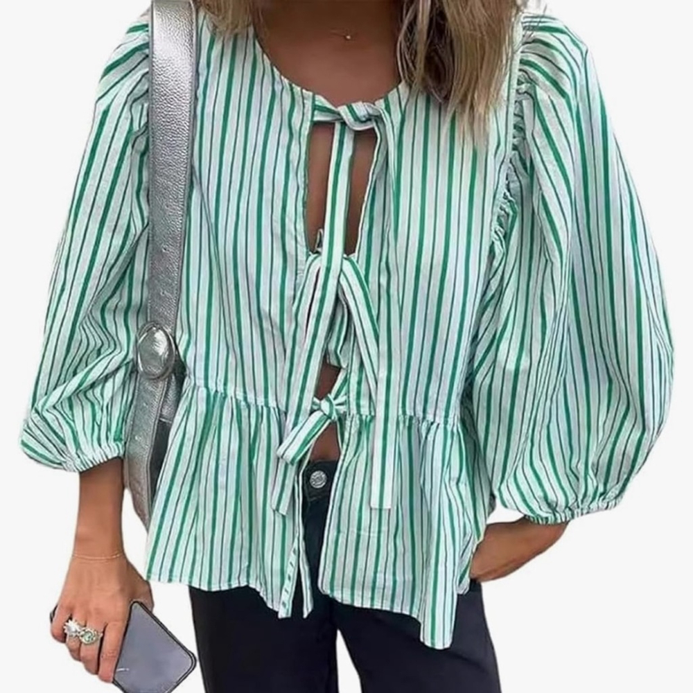 Babydoll Tie Front Puff Sleeve Top